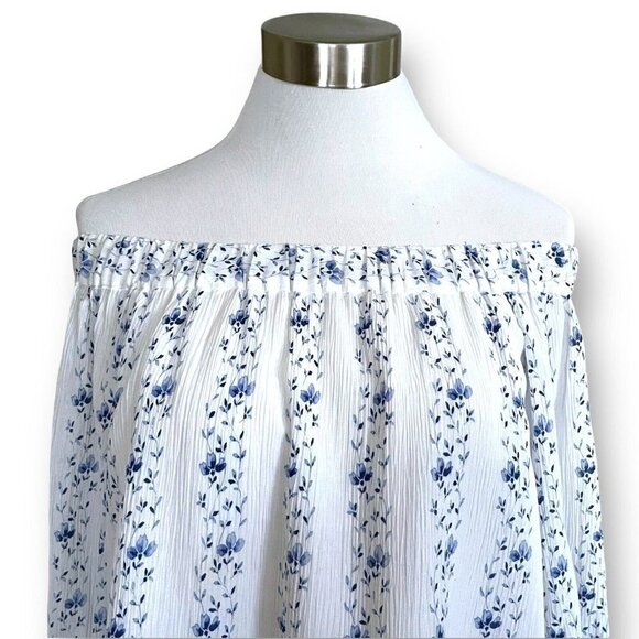 Club Monaco Womens Plumina Blouse XS Blue White Floral Silk Off Shoulder Boho - Picture 3 of 8